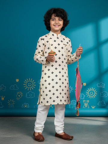 [DBKS-MGAO-B] Boy's Beige Ethnic motifs Printed cotton kurta Set