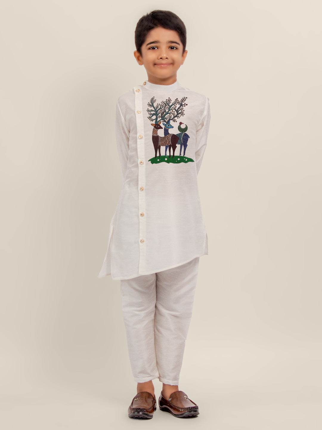 Boys White Printed Kurta With Pyjama Set