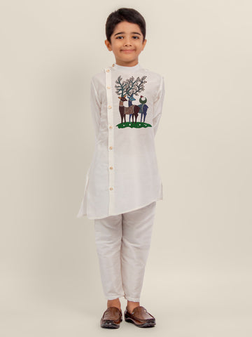 Boys White Printed Kurta With Pyjama Set