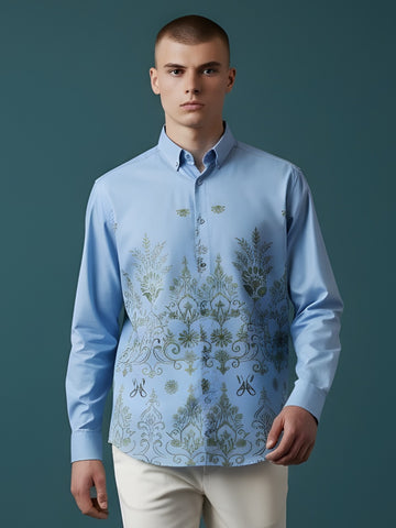 [DS-MGSP] Men's Blue Ethnic Printed Cotton Shirt