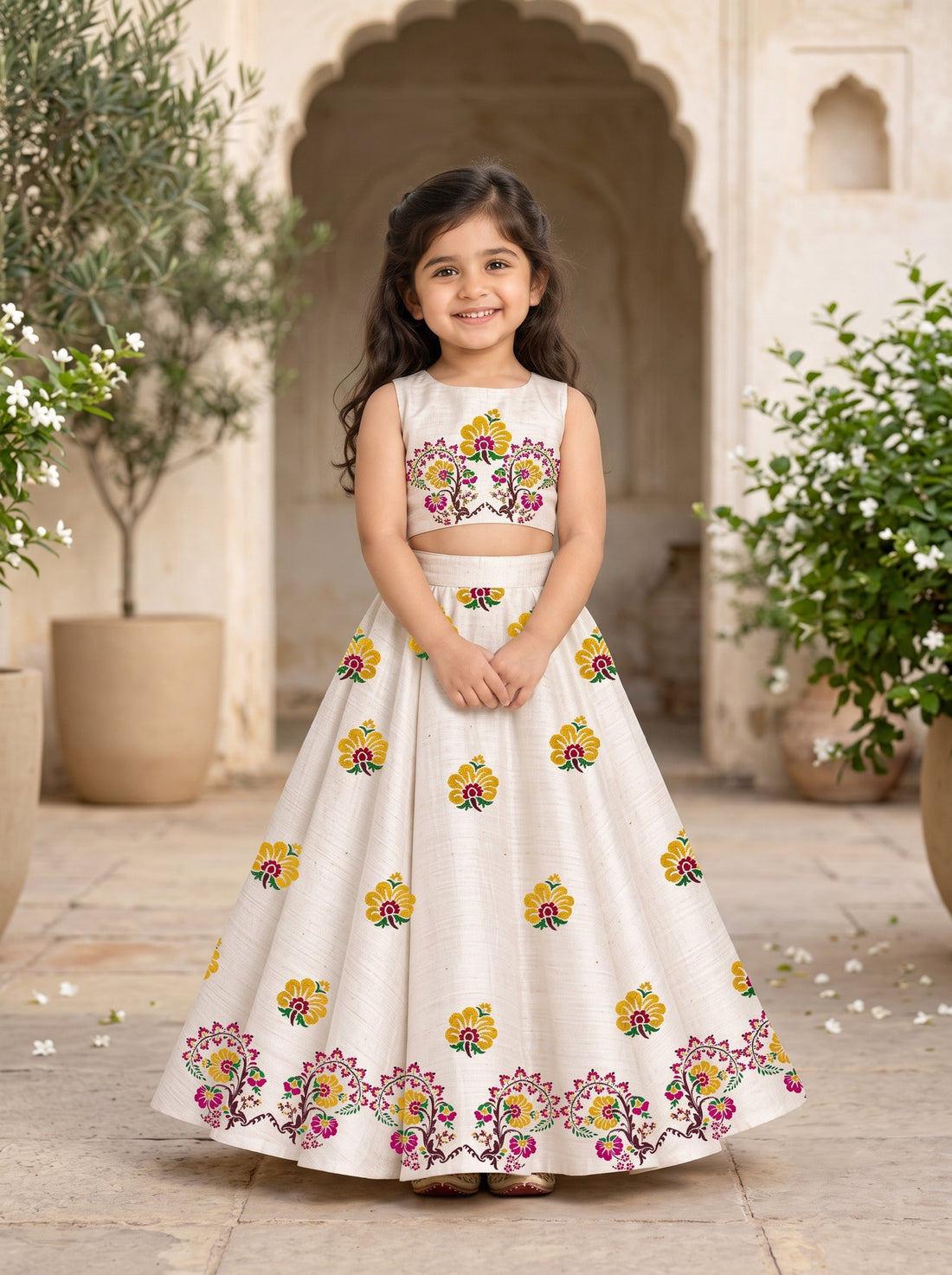 Girls' Off-White Art Silk Lehenga Set – Printed
