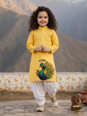 [DGKS-MGSP] Girls Yellow Ethnic Motifs Printed Cotton Kurti Set