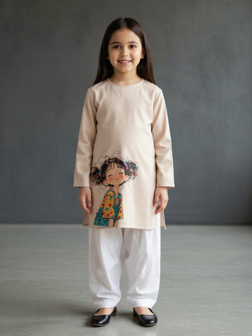 [DGKS-MGSP-RN] Girls Beige Ethnic Motifs Printed Cotton Kurti Set