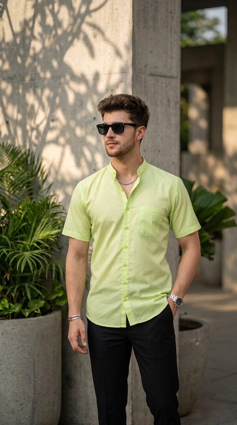 [DS-C-MG] Men's Green chinese collar Cotton Shirt