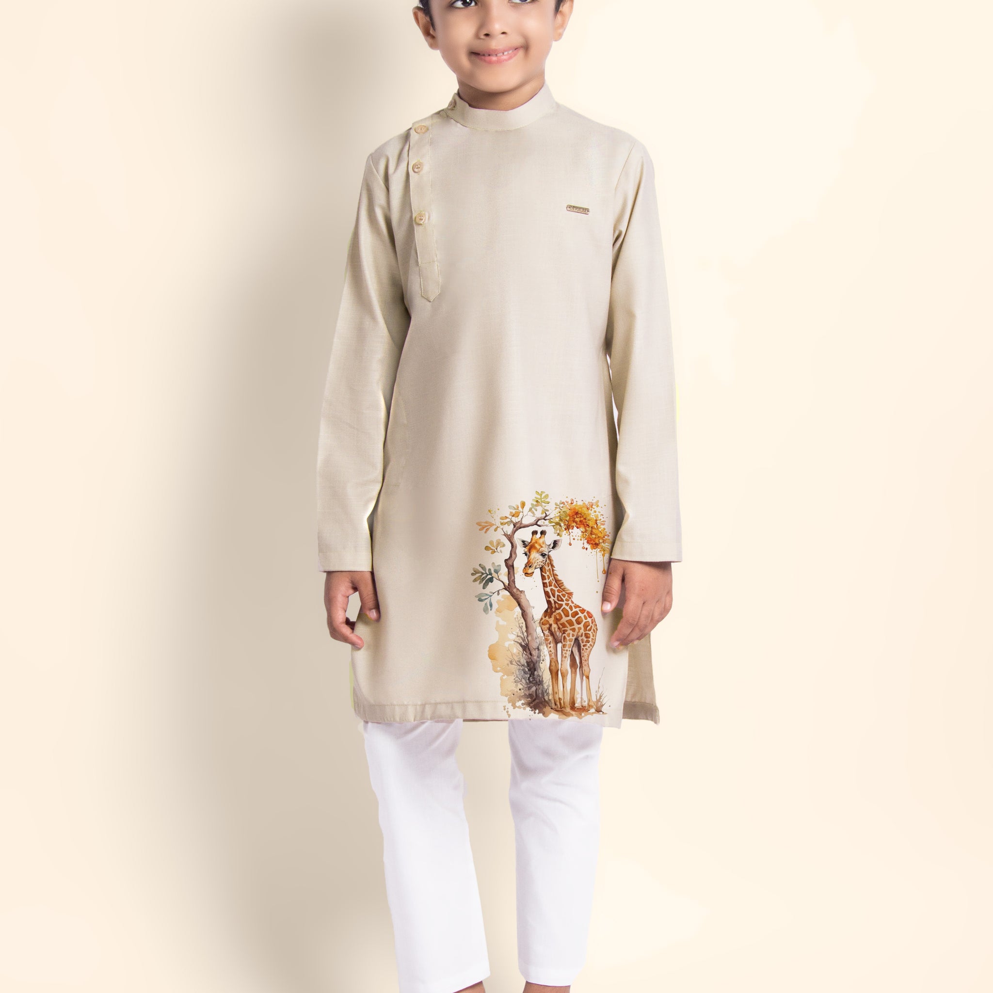Boys Beige Printed Kurta With Pyjama