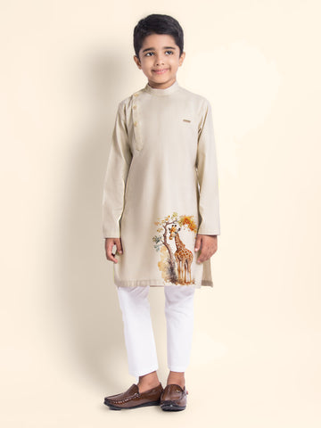 Boys Beige Printed Kurta With Pyjama
