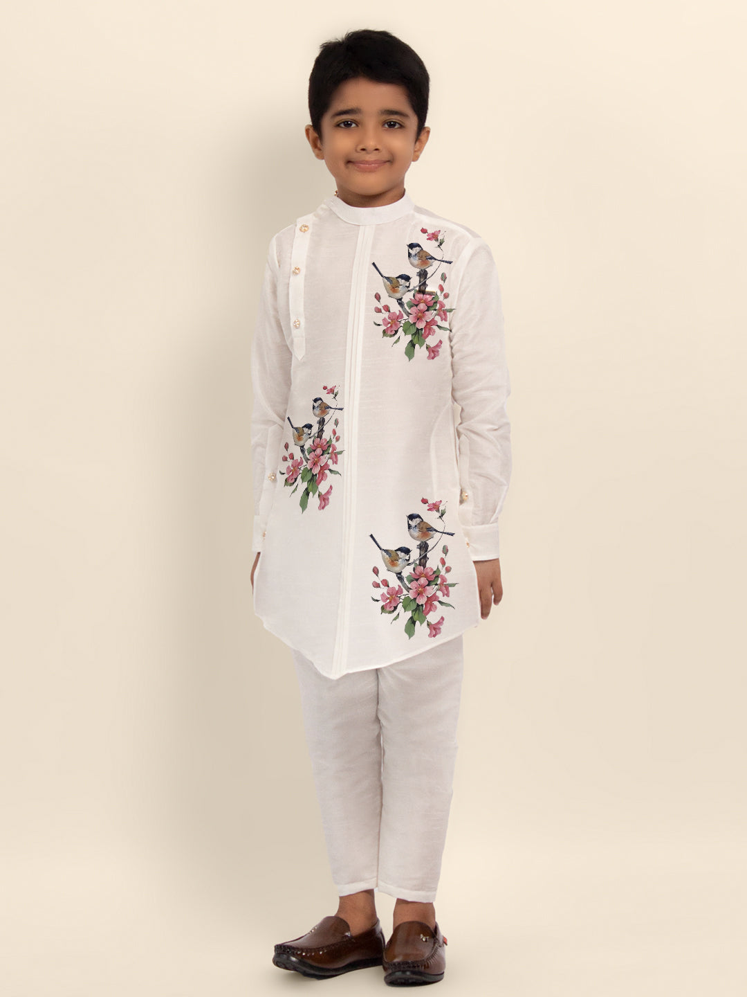 Boys White Printed Kurta With Pyjama Set
