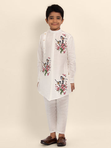 Boys White Printed Kurta With Pyjama Set