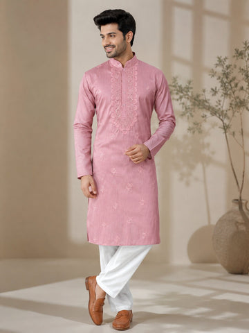 [NW] Men's Pink Embroidered Cotton Silk Kurta Set