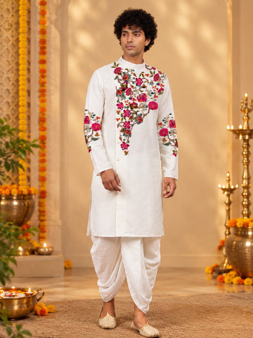 Men's White Cotton Kurta with Dhoti Set – Ethnic Print & Side Placket