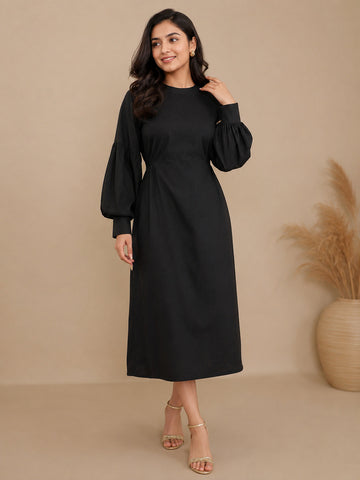 Women's Black Cotton Linen Midi Dress – Long Puff Sleeves