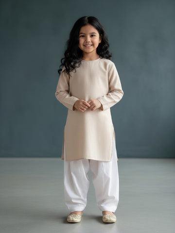 [DGKS-MG-RN] Girls Beige Solid Cotton Kurti Set