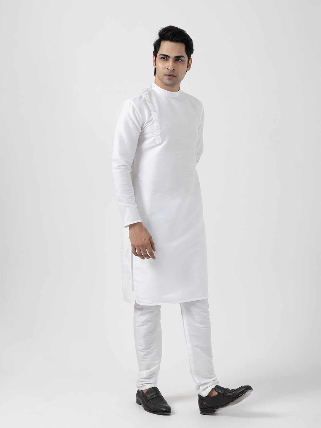 Men Dupion Silk Angrakha Kurta With Pyjama Set