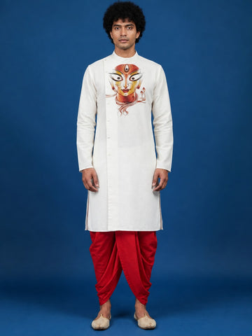 Men's White Cotton Kurta with Dhoti Set – Ethnic Print & Side Placket