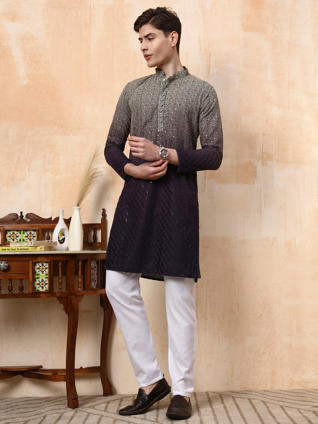 [BR] Men's Ombre Embellished Viscose Rayon Kurta Set