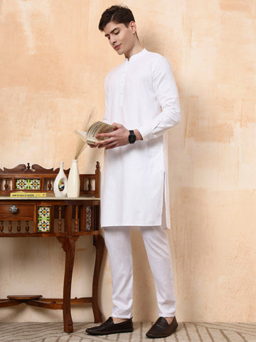 [LF] Men's White Solid Cotton Linen Kurta Set