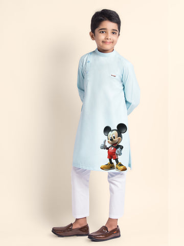 Boys Sky Blue Printed Kurta With Pyjama Set