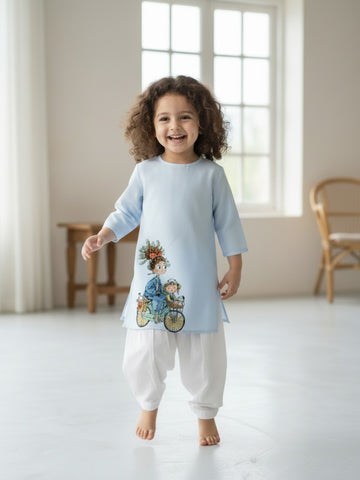 [DGKS-MGSP-RN] Girls Sky Blue Ethnic Motifs Printed Cotton Kurti Set