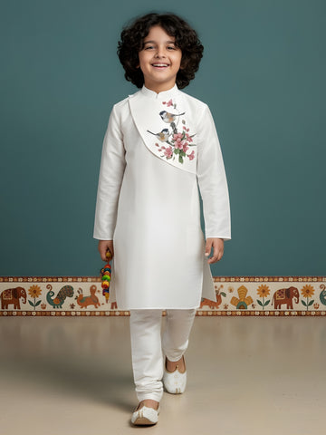 [DBKS-DPSP-D] Boy's White Ethnic motifs Print Art Silk kurta Set