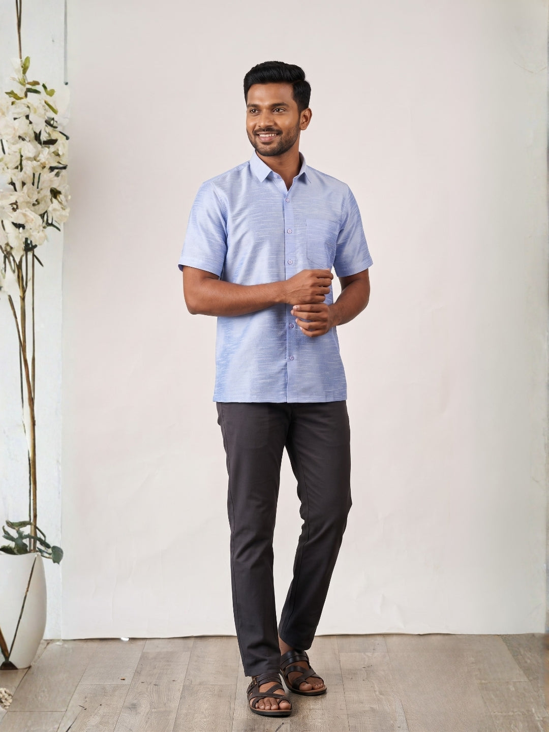 [DS-DP] Men's Sky Blue Solid Textured Art Silk Shirt