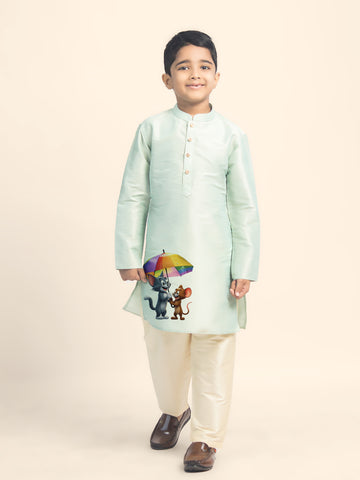 Boys Green Printed Kurta with Beige Pyjama Set