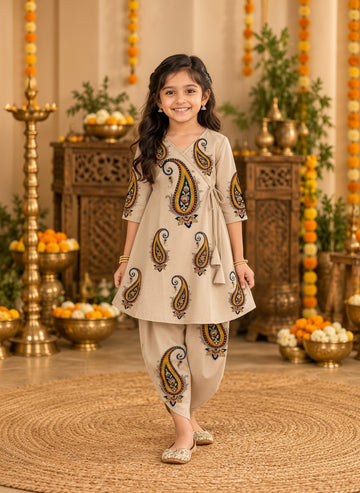 Girls' Beige Cotton Kurti with Tulip pant Set – Printed