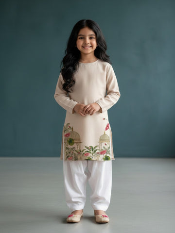 [DGKS-MGSP-RN] Girls Beige Ethnic Motifs Printed Cotton Kurti Set