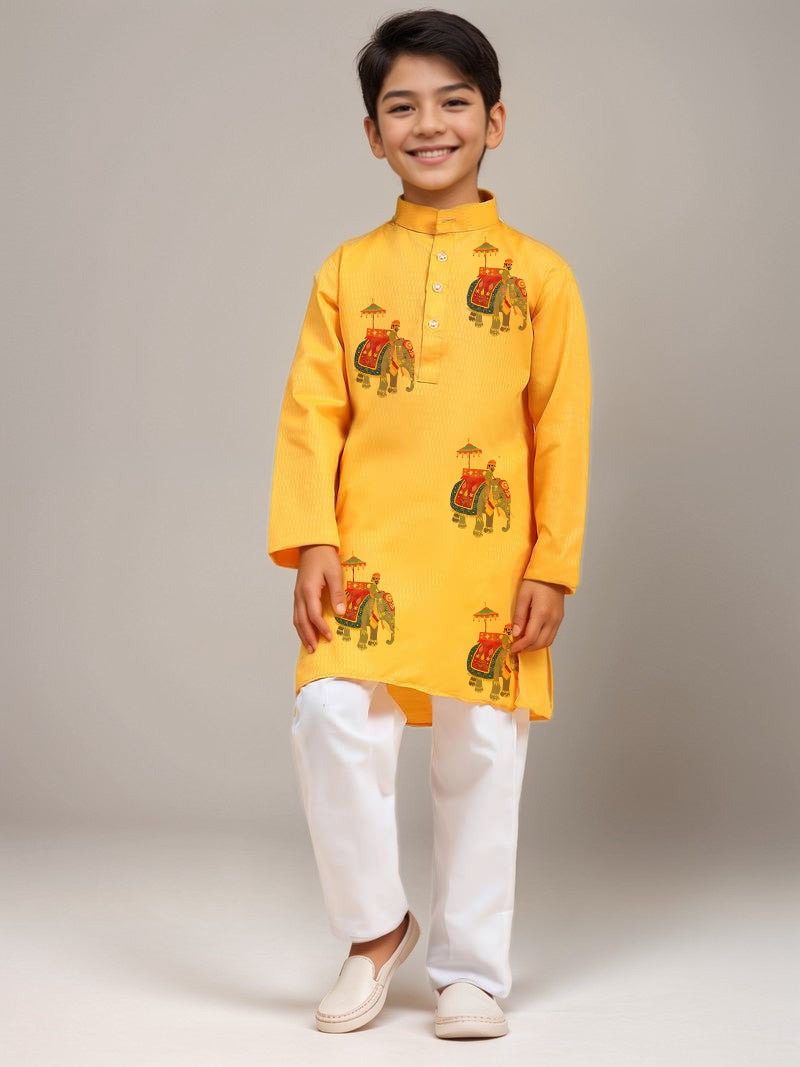 Boys Yellow Printed Kurta with Pyjama Set