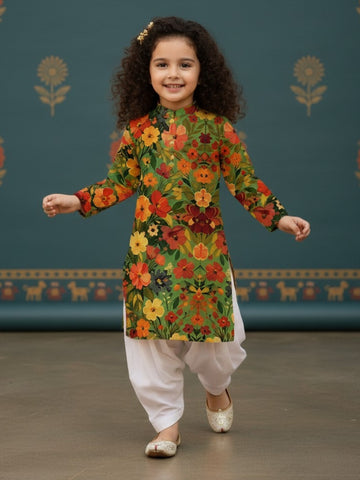 [DGKS-MGSP] Girls Multi Color Ethnic Motifs Printed Cotton Kurti Set