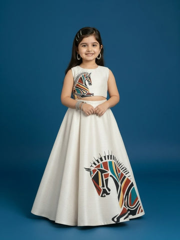 Girls' Off-White Art Silk Lehenga Set – Printed