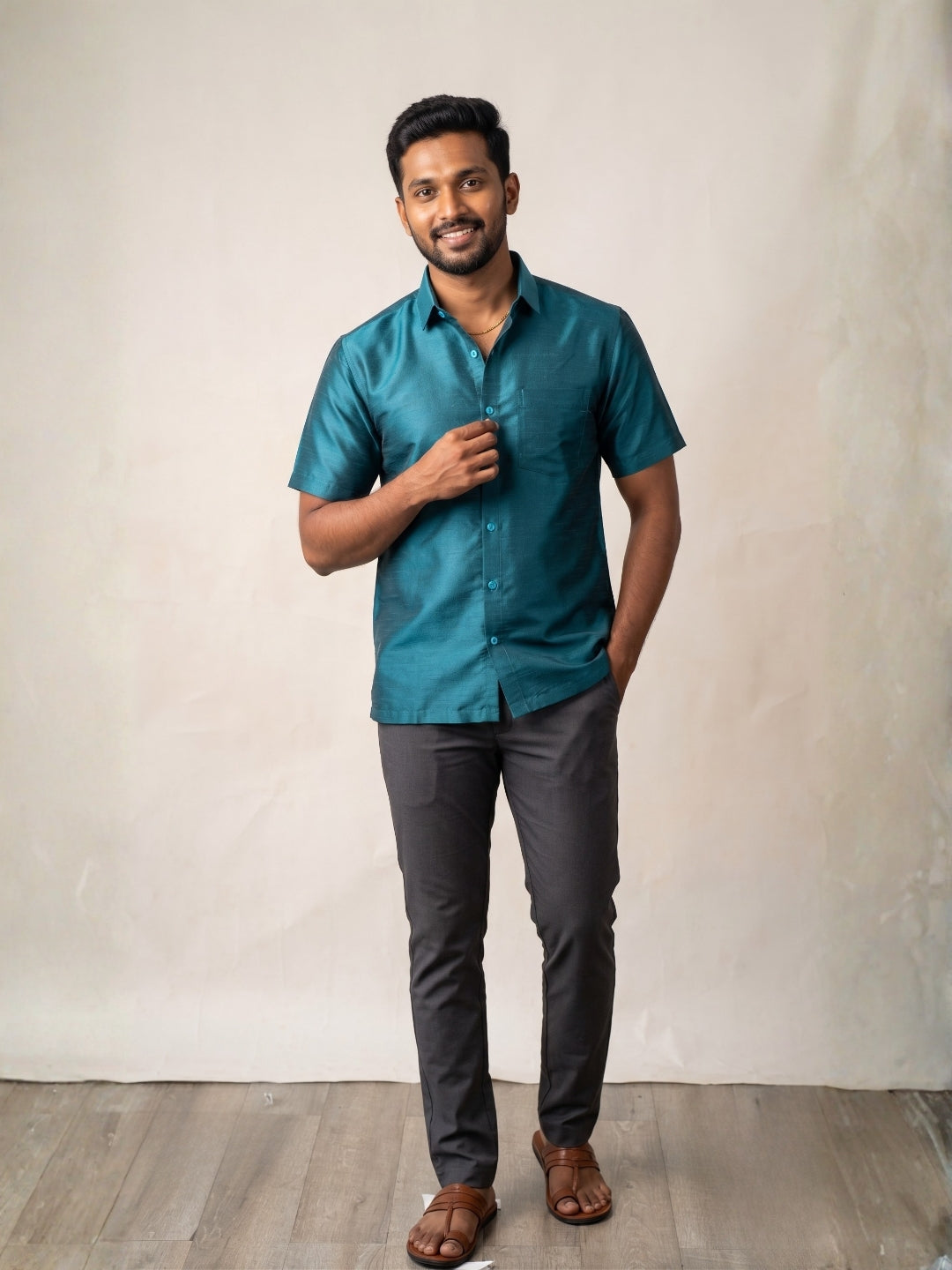 [DS-DP] Men's Teal Solid Textured Art Silk Shirt