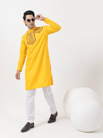 Mens Mustard Side Placket Printed Kurta-Pyjama Set