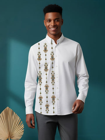 [DS-MGSP] Men's White Ethnic Printed Cotton Shirt