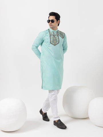 [MGSP-B] Men's Green Ethnic Print Side Placket Cotton Kurta Set