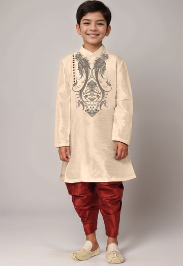 Boys Beige Printed Kurta With Dhoti