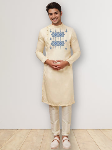 Mens Beige Side Placket Printed Kurta With Pyjama Set