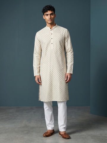 [PR] Men's Beige Ethnic Motif Cotton Kurta Set