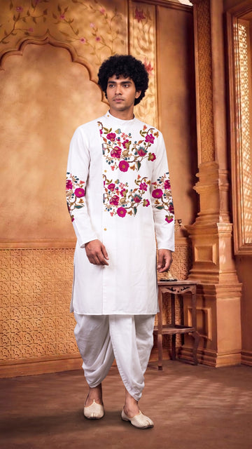 Men's White Cotton Kurta with Dhoti Set – Ethnic Print & Side Placket