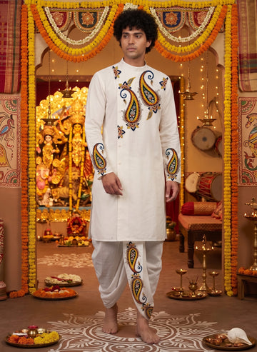 Men's White Cotton Kurta with Dhoti Set – Ethnic Print & Side Placket