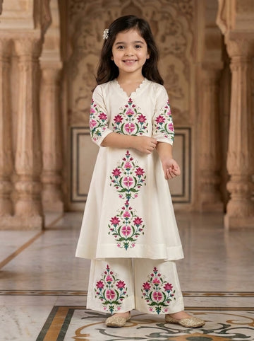 Girls' Off-White Art Silk Kurti Palazzo Set – Printed