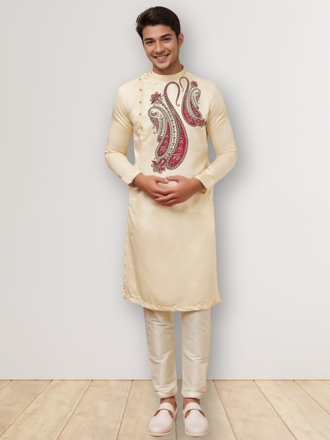Mens Beige Side Placket Printed Kurta With Pyjama Set