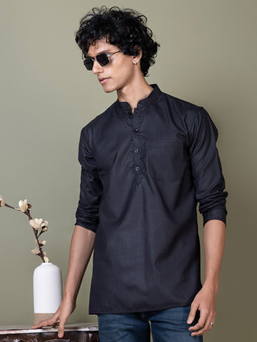 [MGS] Men's Black Solid Cotton Short Kurta