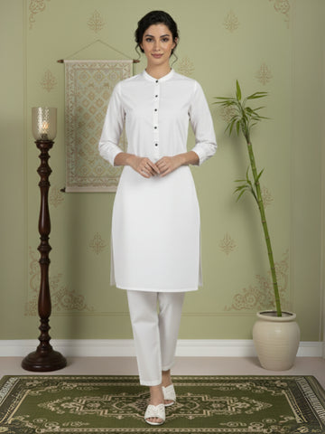 [DWKS-MG] Women White Solid Cotton Kurti Set