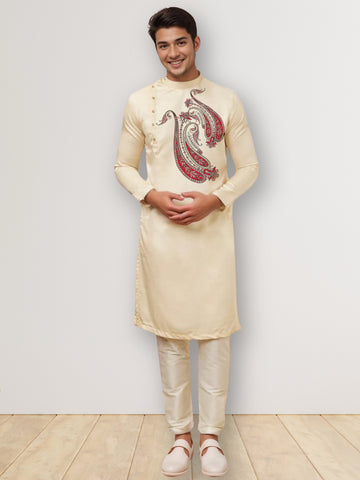 Mens Beige Side Placket Printed Kurta With Pyjama Set