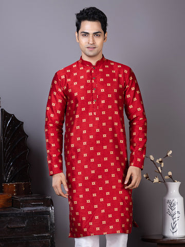Men Mandarin Collar Jacquard Kurta with Pyjama