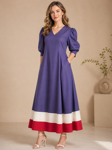 Women's Blue Cotton Linen Fashion Dress – V-Neck & Contrast Hem