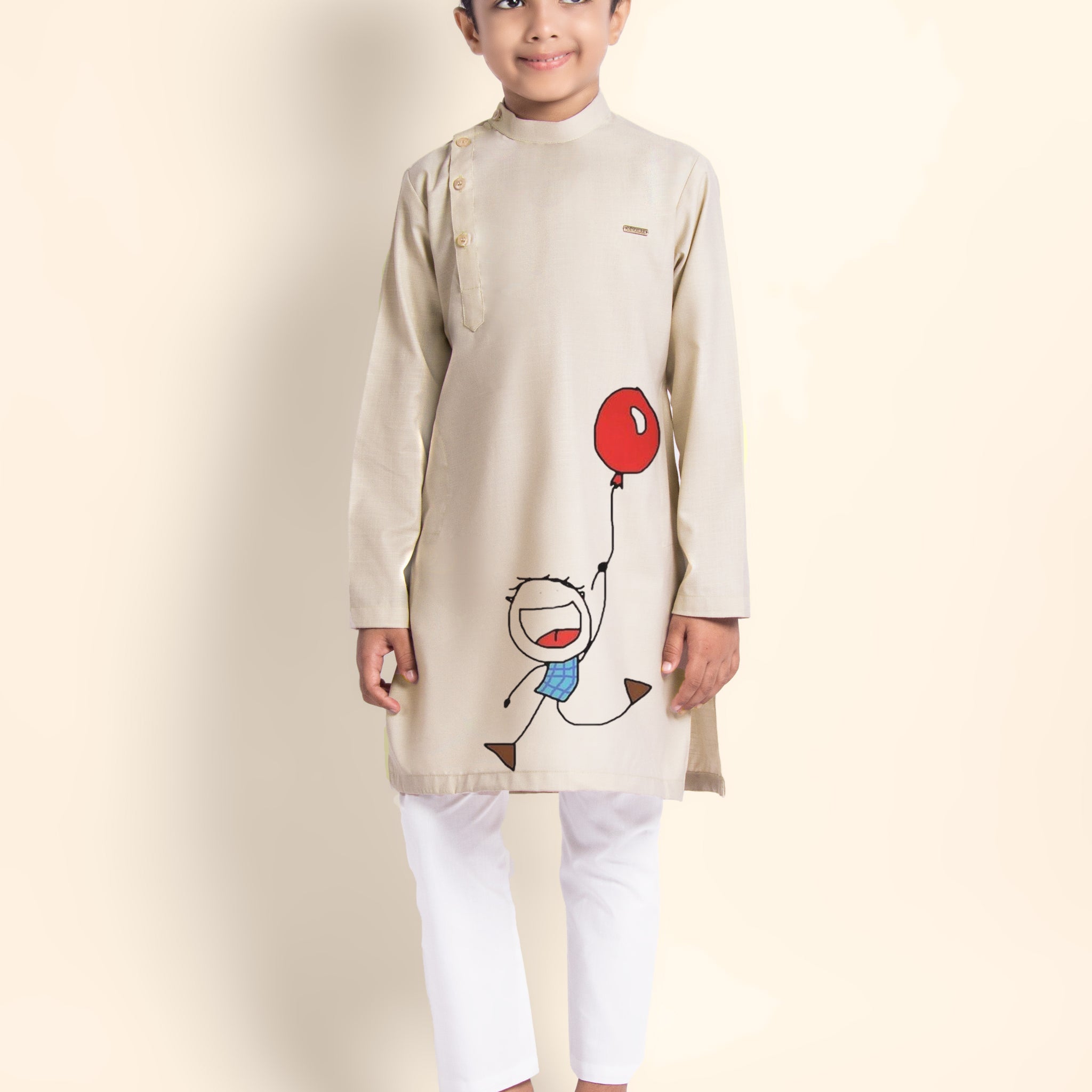 Boys Beige Printed Kurta With Pyjama