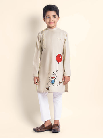 Boys Beige Printed Kurta With Pyjama