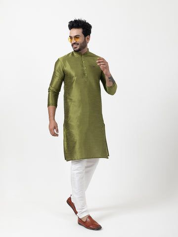 Woven Design Band Collar Dupion Silk Straight Kurta With Pyjama Set