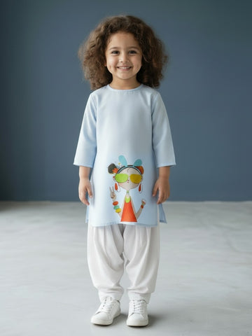 [DGKS-MGSP-RN] Girls Sky Blue Ethnic Motifs Printed Cotton Kurti Set